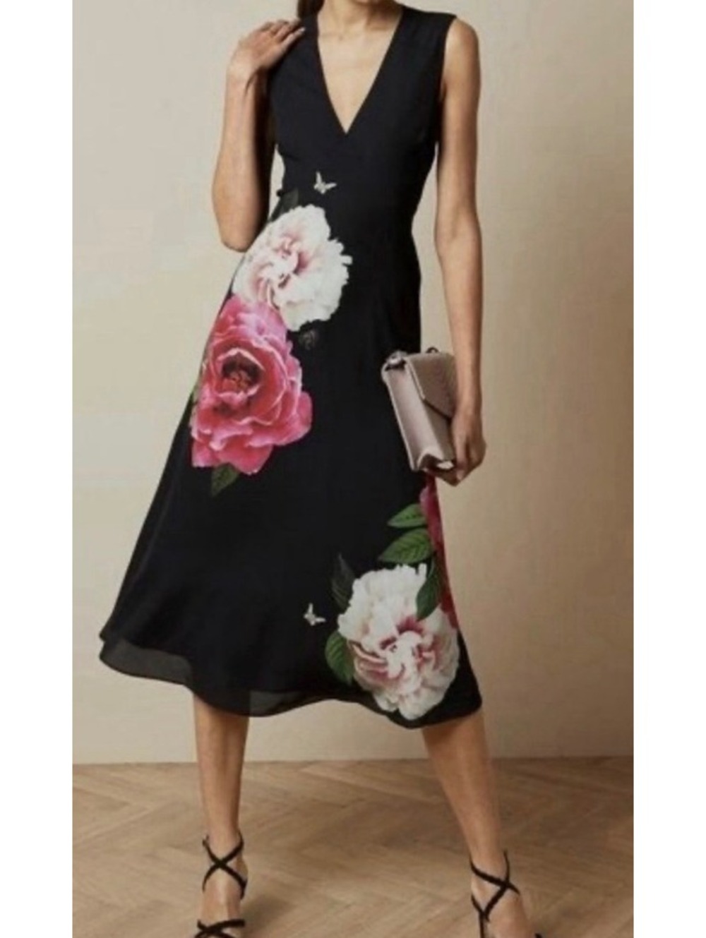 Ted Baker Ulna Magnificent Floral Print Black Midi Dress Size 3
